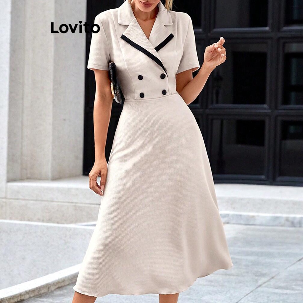 Lovito Elegante Vestido Feminino Liso Com Costura Contrastante E Botão