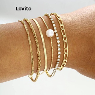Lovito Conjunto De 6 Peças De Corrente De Pérolas Geométricas Boho Com Pulseira De Diamante Multicamadas Para Mulheres LFA11563