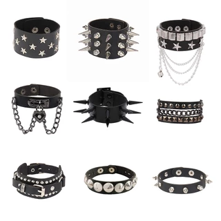 Gótico Punk Preto PU Pulseiras Estrela De Couro Rebite Para Mulheres Homens Pingente Coração Pulseira Corrente Tassel Festa Jóias