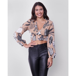 Blusa Cropped Feminina Manga Longa Estampa Tropical Bege