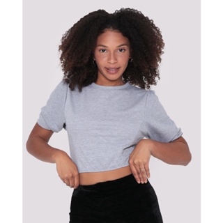 Blusa Cropped Moletinho Manga Bufante Cinza Claro