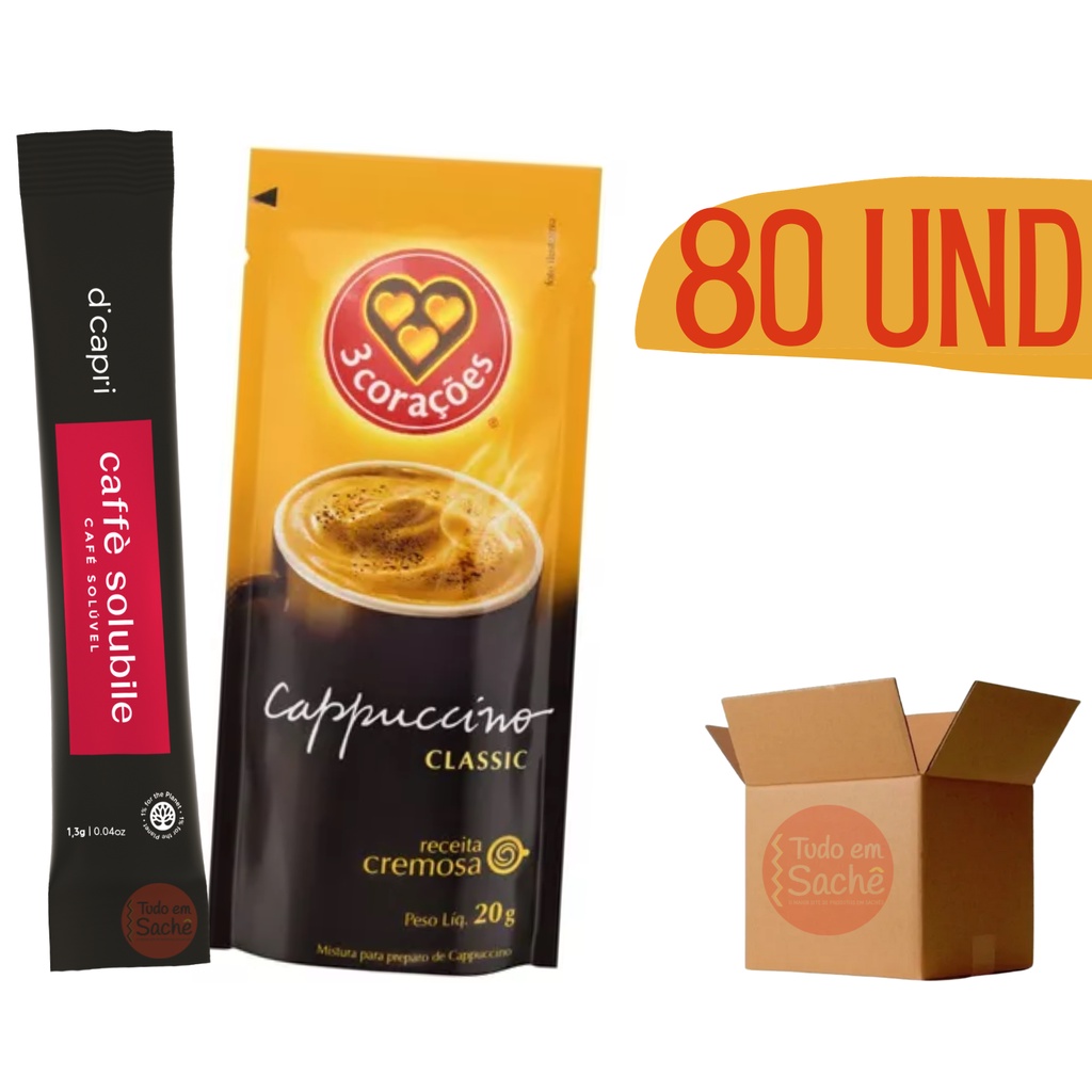 Capuccino 3 Tres Coracoes + Cafe Di Capri Soluvel Stick Tipo Pelé - 80 Sachês