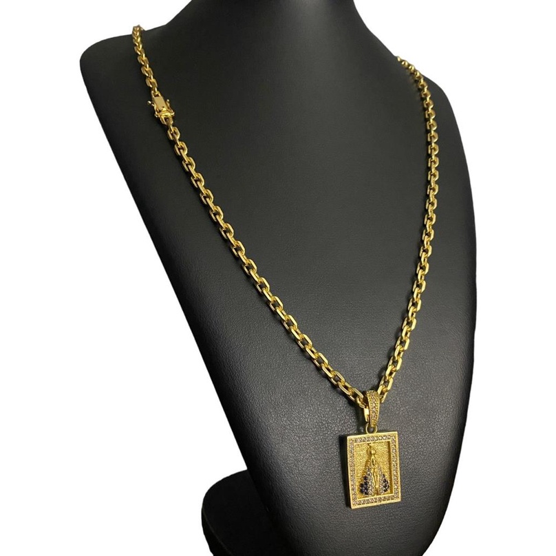 Cordao 5mm Cadeado + Pingente Nossa Sra Banhado A Ouro 18k