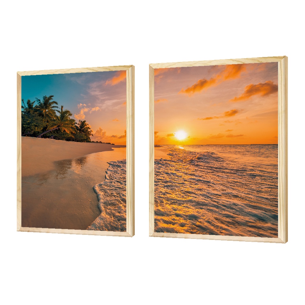 Dupla de Quadros Decorativos Paisagem Praia Mar Por do Sol