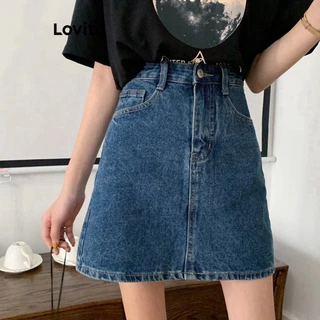 Lovito Casual Saia Feminina Jeans Evasê LNE24228 (Azul)