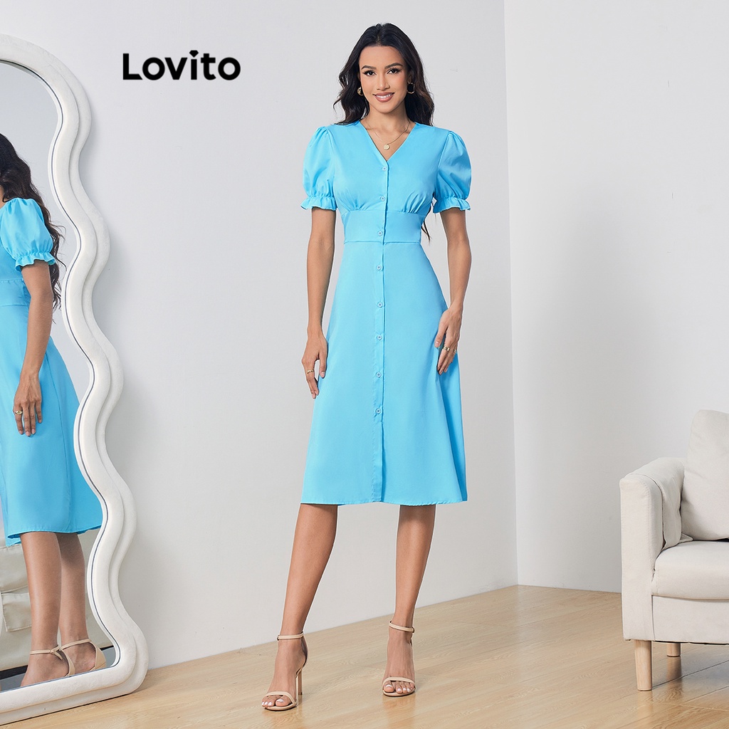 Lovito Vestido Feminino Elegante Com Estrutura Frontal Lisa E Mangas Bufantes LBL07205
