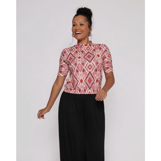 Blusa Feminina Gola Alta Estampada Bege