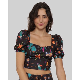 Blusa Cropped Feminina Estampada Manga Bufante Preta