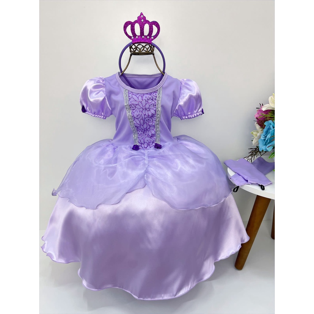 Vestido Infantil Lilás Lavanda Princesa Sofia Jasmine Ariel Tiara Luvas  Fantasia Carnaval Aniversário Temático Princesas Presente Menina Festa Luxo  Rodado