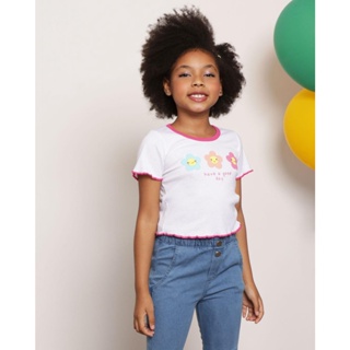 ​Blusa Infantil Manga Curta Frufru Flores Branca