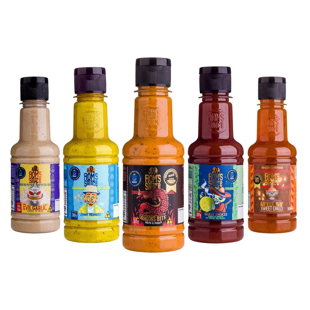 Kit 5 Molhos Rom's Sauce - Evil Garlic, Jimmy Hermano, Dragon's Bite ...