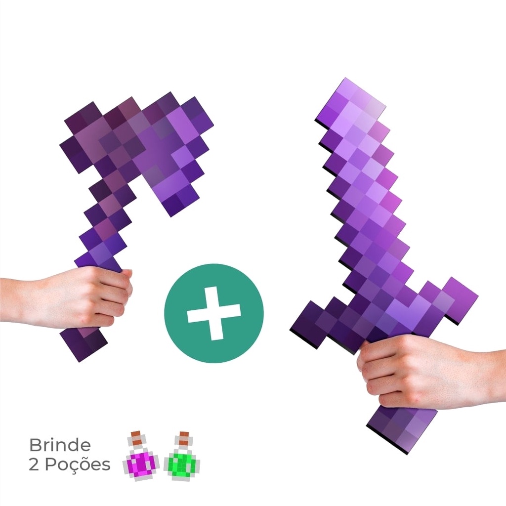 Kit Minecraft NETHERINE ENCANTADO Espada, Picareta, Machado