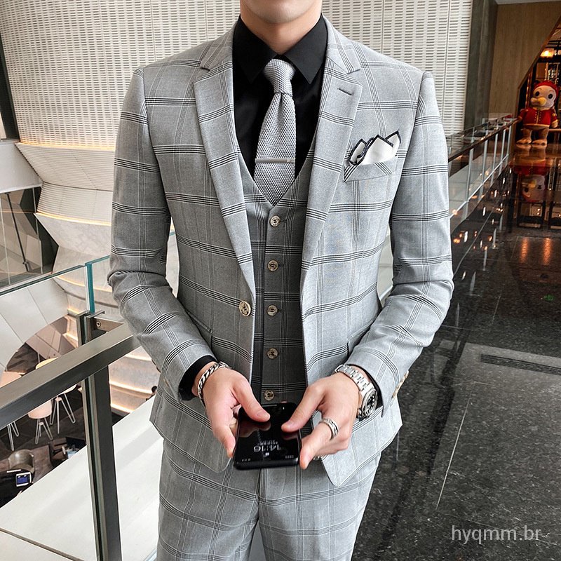 Terno novo masculino vestido de três peças slimwedding vestido de negócio  inglês terno xadrez