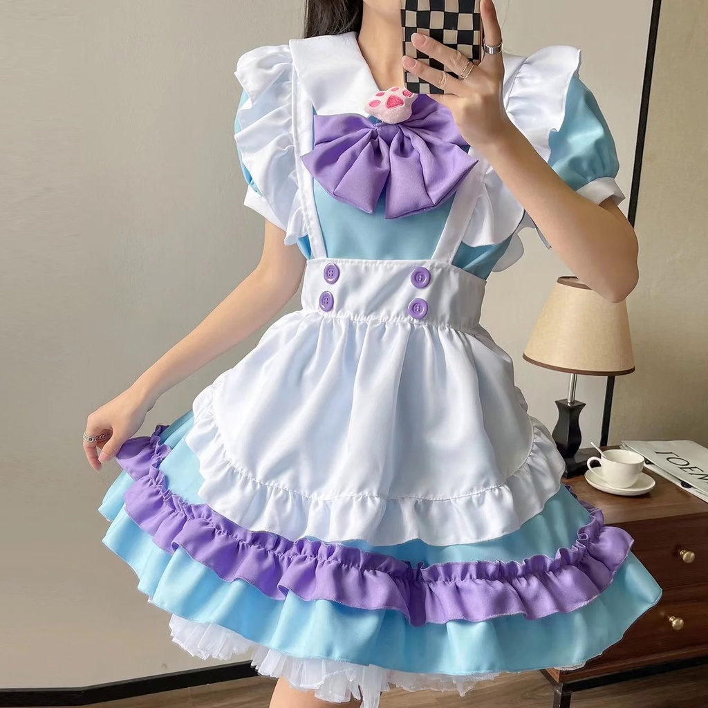 Vestido de empregada rosa Lolita para mulheres, traje Cosplay