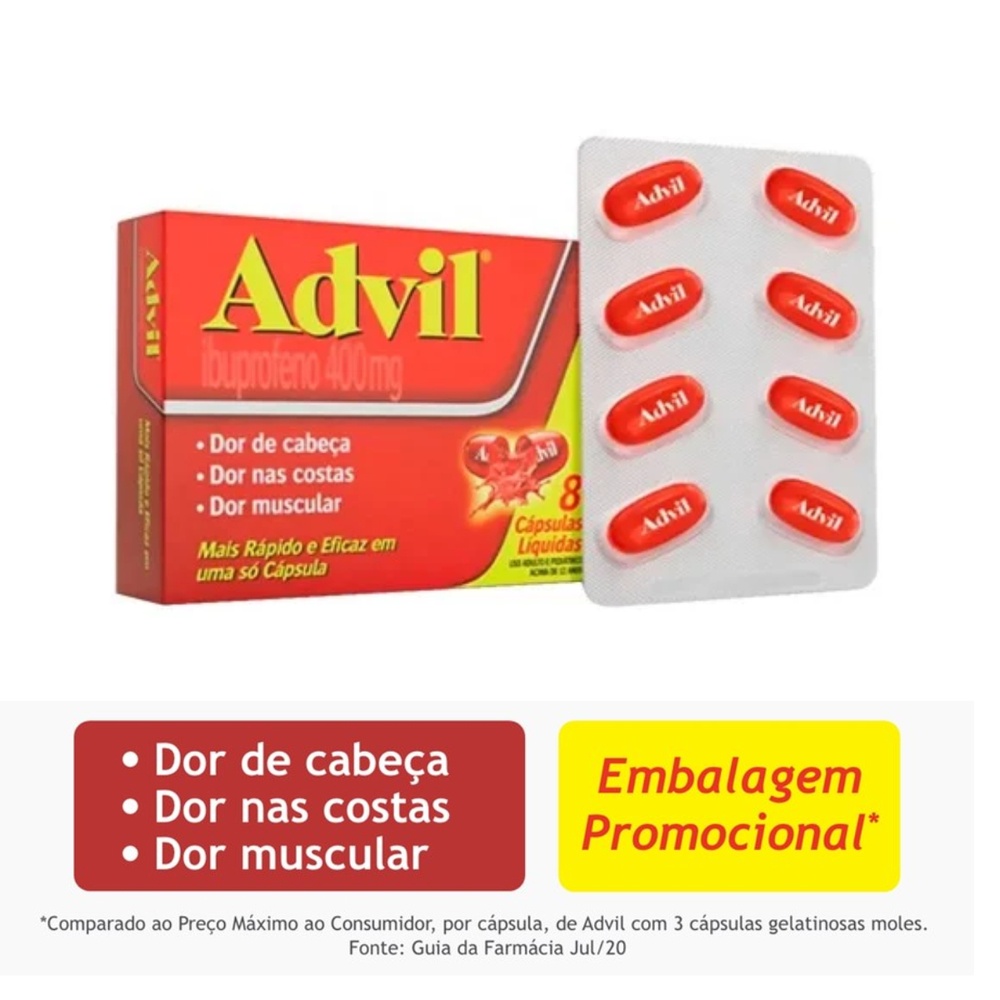 Advil Dor de Cabeça e Enxaqueca com Ibuprofeno 400mg 8 Cápsulas ...