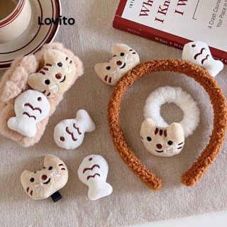 Lovito Bonito Dos Desenhos Animados Padrão De Pelúcia Terno Broche Anel De Cabelo Gatinho Peixe Bandana Para Mulher LFA11508