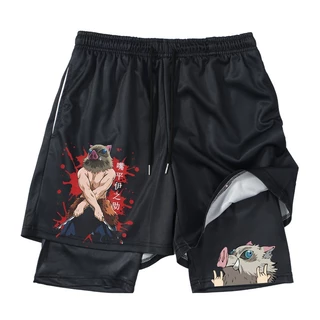 2 Em 1 Compressão Alongamento De Impressão 3D Calções Para Homens Caçador De Demônios Anime Inosuke Ginásio Quick Dry Athletic Gym Fitness Running