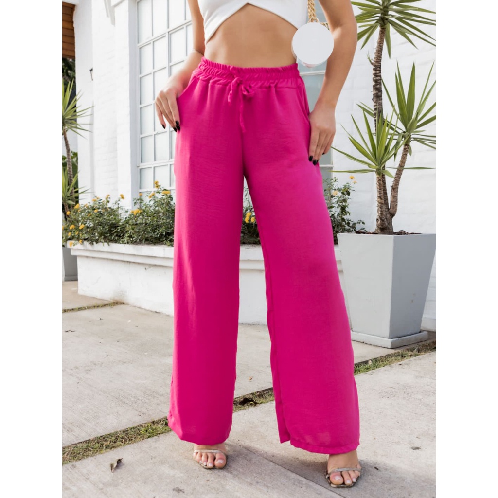 Calça Pantalona Feminina Com Elástico Na Cintura Tecido Duna Sem fenda