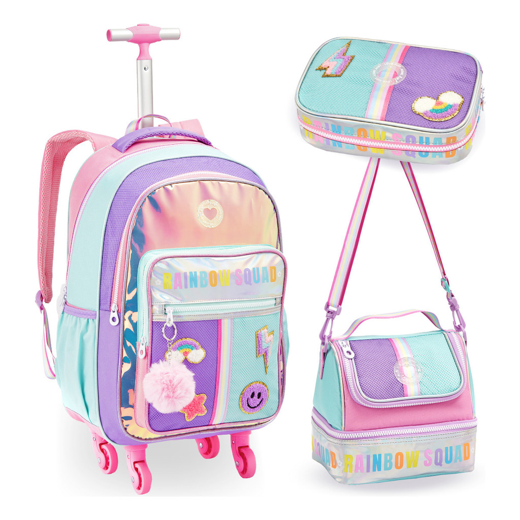 Kit Mochila Menina Rodinha Escolar Carrinho Rainbow 360° Feminina ...