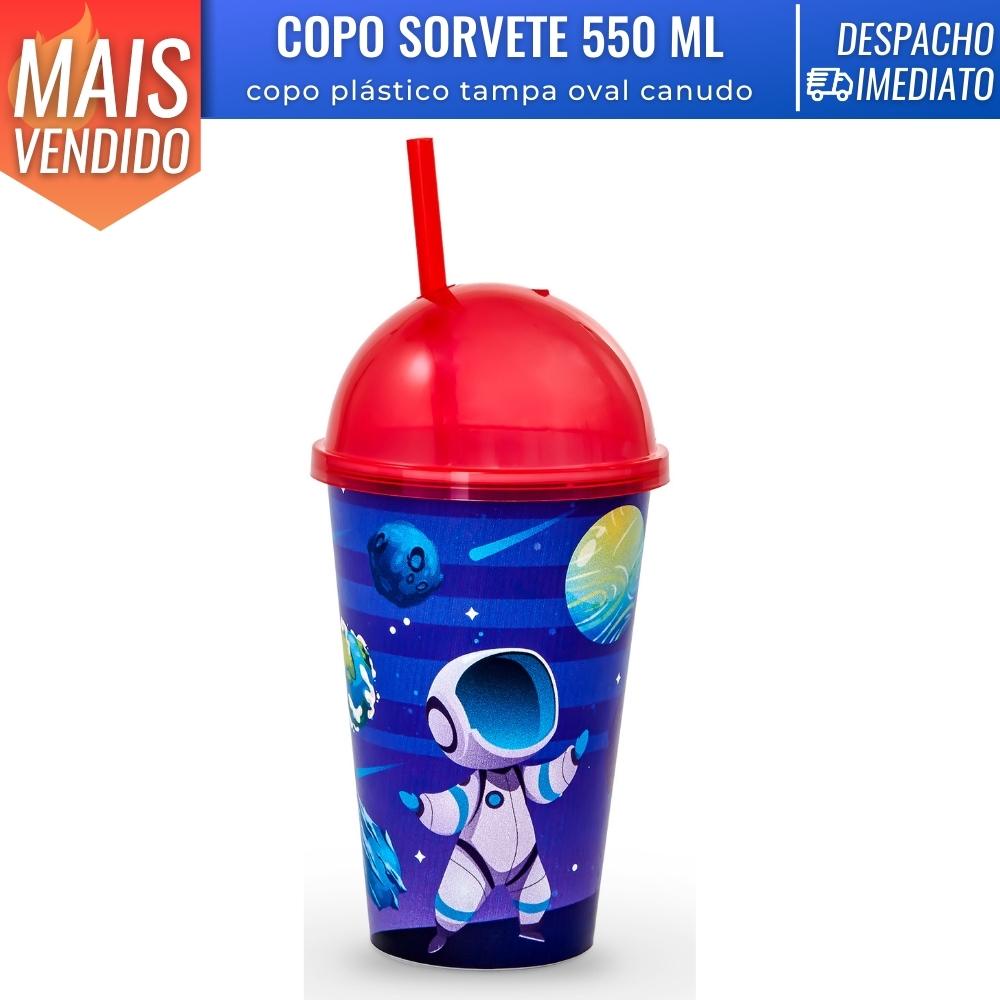 Copo Sorvete Decorado Infantil 550 ml Plástico c/ Tampa Oval e Canudo