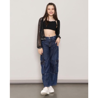 Calça Jeans Juvenil Wide Leg Bolso Cargo Azul