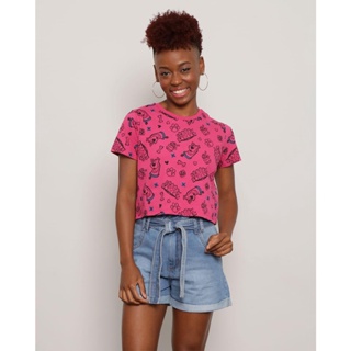 Blusa Cropped Feminino Scooby-Doo Manga Curta Rosa