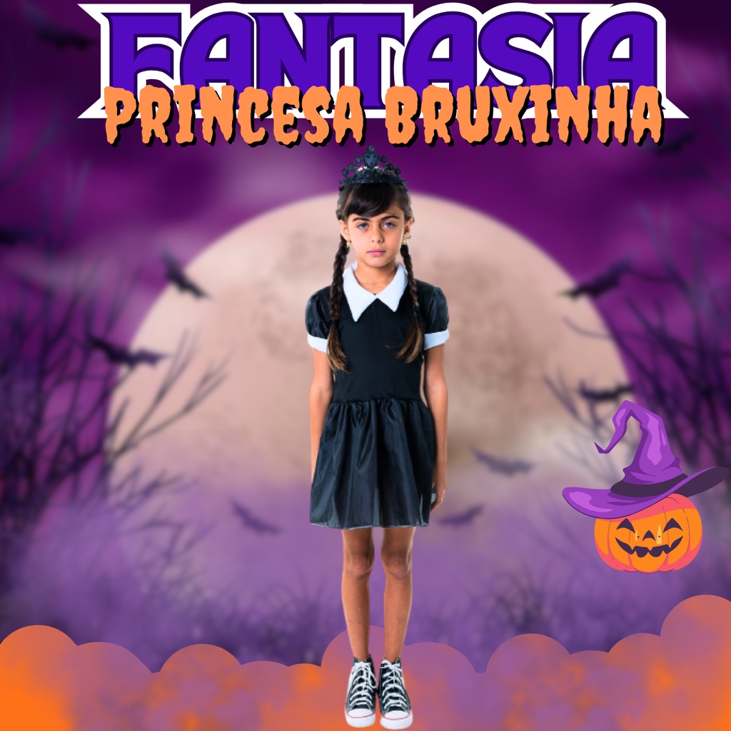 Fantasia Halloween Infantil Menina Bruxinha Bella Com Tiara Mini Chapéu