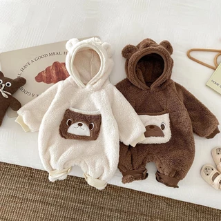 Macacão De Inverno Recém-Nascido Baby Boys Girls Fleece Lined Long Sleeves Perfil Do Urso Cute Warm Romper 0-2yrs