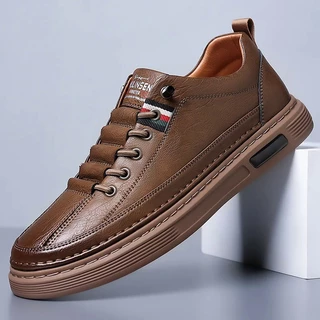 Sapatos de couro casual masculino, tênis premium, interior confortável, artesanal, tendência, banquete, moda