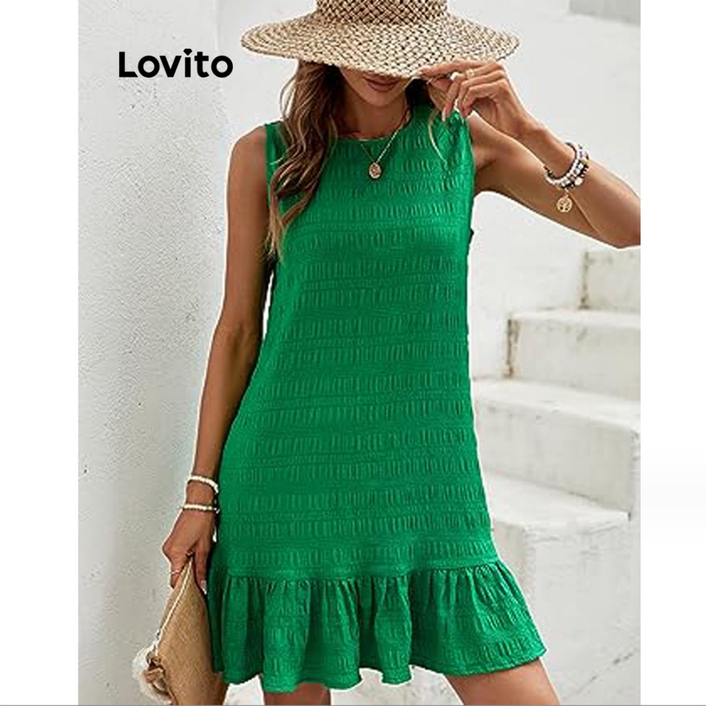 Lovito Vestido Boho Liso Com Babados Para Mulheres LNL37073 (Verde Preto)