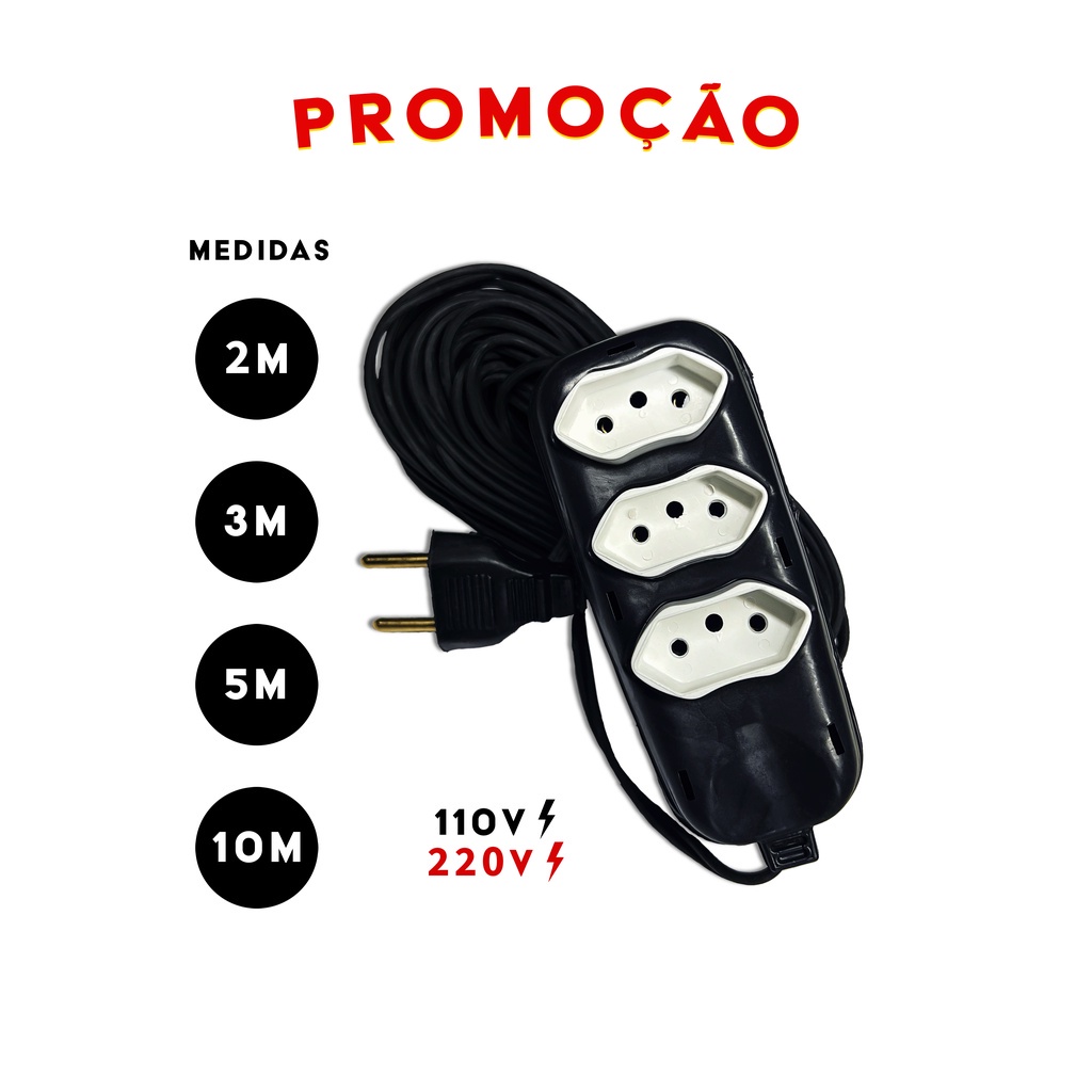 Extensão elétrica 2, 3, 5 e 10 Metros Extensão de Energia 3 Tomadas.