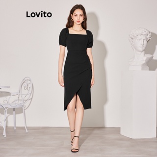 Lovito Vestido com Racha Simples e Franzido para Mulheres L59ED134 (Preto)