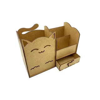 Organizador De Mesa Gatinho Em Mdf Cru Com Gaveta