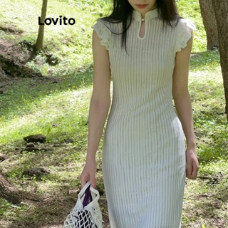 Lovito Vestido Elegante Listrado Com Babados E Botões Para Mulheres LNE41285
