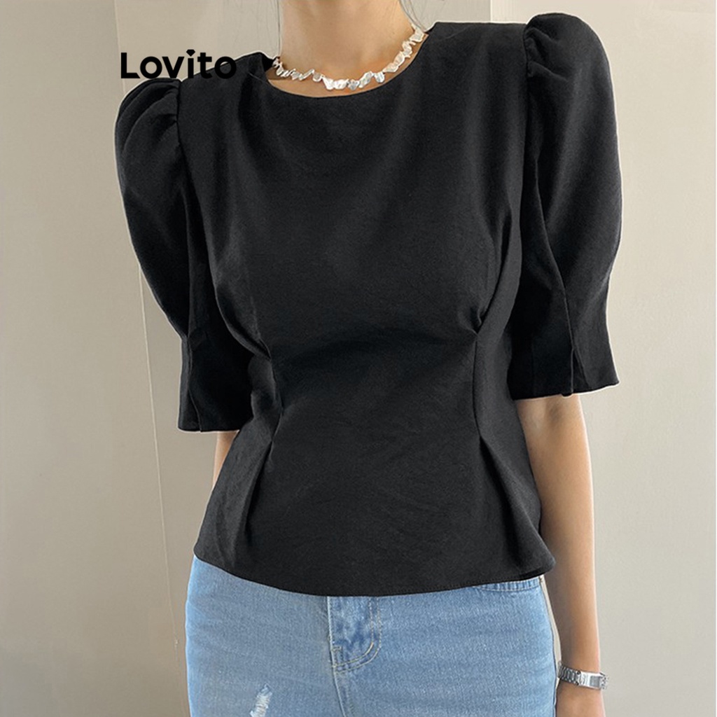 Lovito Casual Blusa Feminina Lisa Plissada Com Manga Bufante L Ed