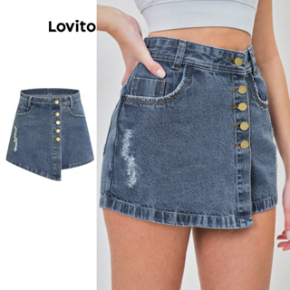 Lovito Casual Shorts Jeans Feminino Liso Lavado Assimétrico com Spikes LBL05230 (Azul)
