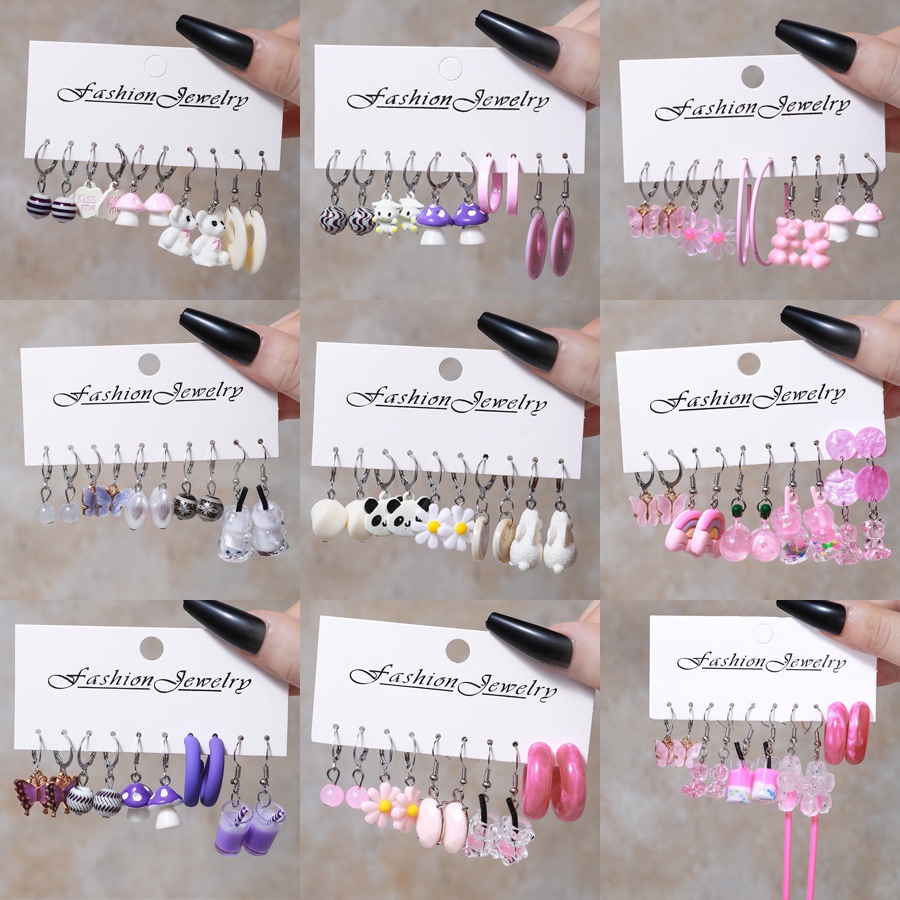 5pair/set Creative Flower Butterfly Bear Pendant Brincos Para Mulher Cogumelo De Resina Coração De Jóias De Festa