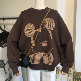 Linha Mickey Camiseta De Manga Comprida Estampada Feminina Solta Topo De Pescoço Redondo De Tamanho Grande