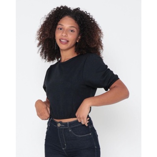 Blusa Cropped Moletinho Manga Bufante Preta