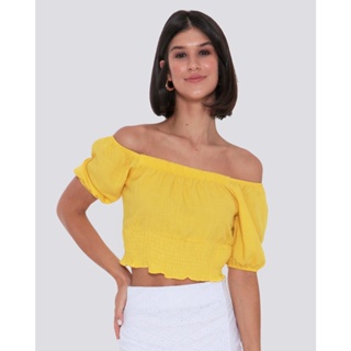 Blusa Feminina Cropped Ciganinha Amarelo Médio