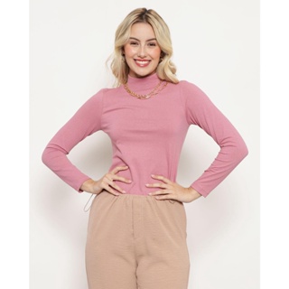 Blusa Feminina Gola Alta Com Manga Longa Rosa