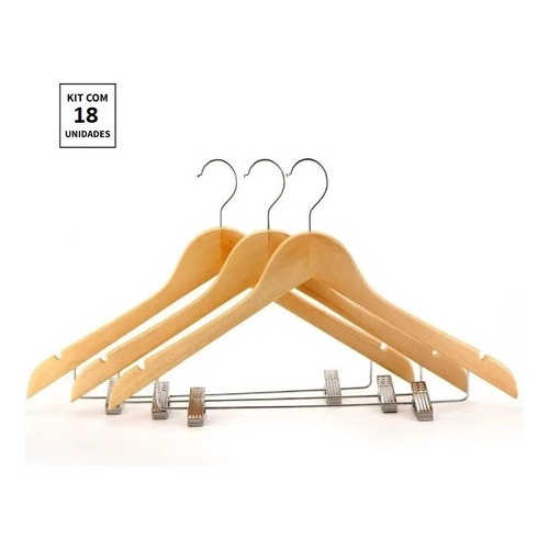 Kit 18x Cabides De Madeira Com Presilha Verniz Marfim Roupa