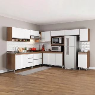 Cozinha de Canto Modulada com Armário Aéreo Balcão Sabrina 252/294x202 Cm 10 Peças MDP Branco MENU