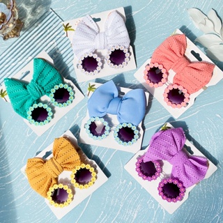 2Pcs/Set Baby Girls Acessórios De Cabelo Moda Sun Flower Óculos De Sol Conjunto De Faixas De Laço Recém-Nascido Fotografia De Praia De Verão