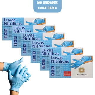 Kit 6 Luva Nitrílica Descarpack Azul com 100 Unidades Tamanho P