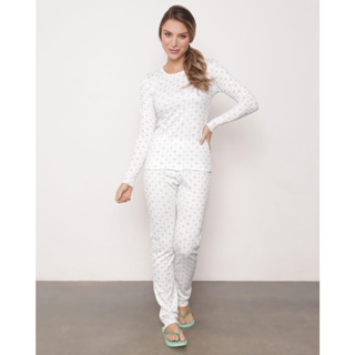 Pijama Feminino Longo Estampa Floral Branco