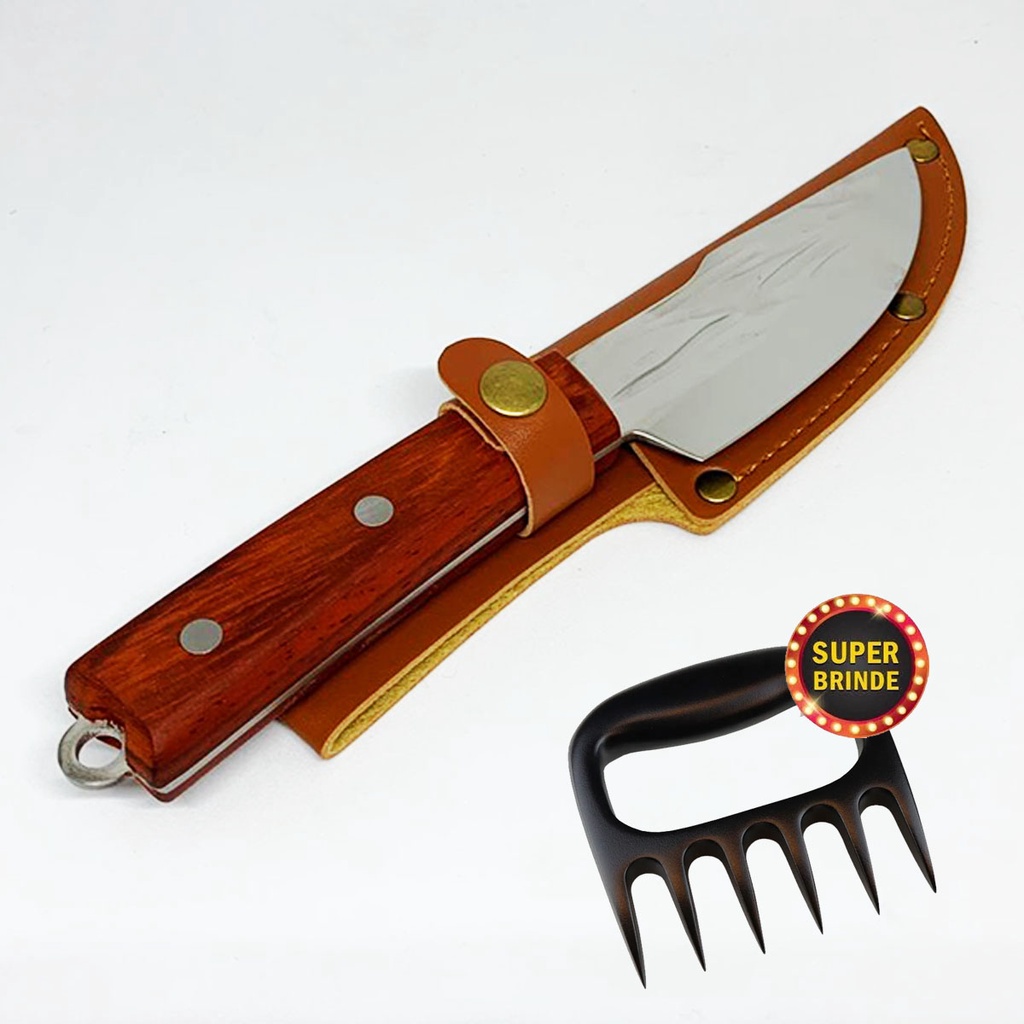 Faca Artesanal Churras Bainha Couro Full Tang Premium Inox Madeira Ponta Fina Presente Pai Amigo Natal Cozinheiro