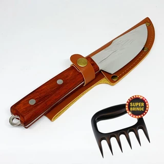 Faca Artesanal Churras Bainha Couro Full Tang Premium Inox Madeira Ponta Fina Presente Pai Amigo Natal Cozinheiro