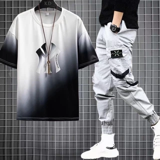Camiseta Moda Casual Camisetas Manga Curta + Calça De Carga Masculina Estilo Hip Hop Joggers Fashion Male Set