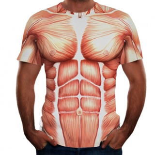 3d realista músculos no peito impresso t-shirts homens casual de fitness  manga curta algodão respirável